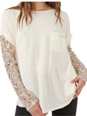 Free People Celine Sequin Sleeve Scoop Neck Top